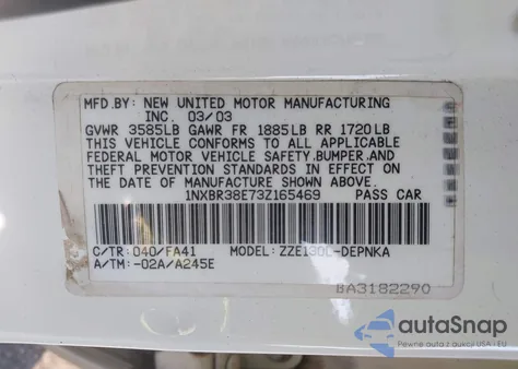 2003 Toyota Corolla Le from USA, damaged, VIN 1NXBR38E73Z165469